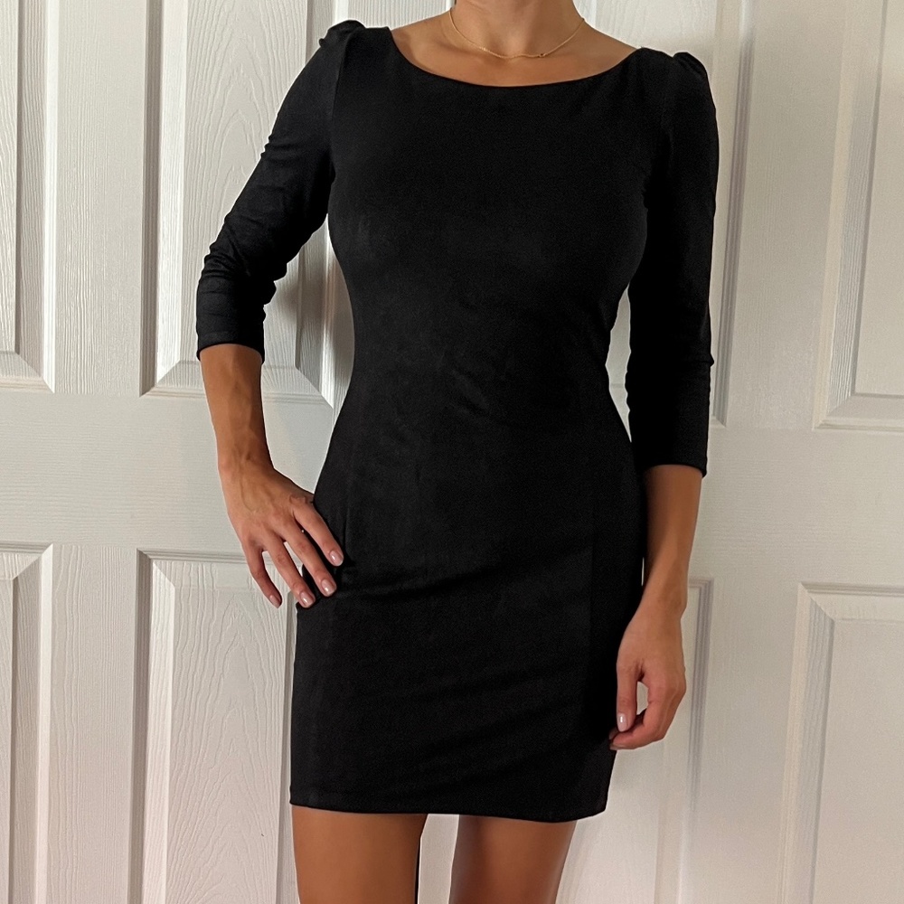 Guess Black Zipped Back Bodycon Dress with Puff Sleeves ; Sz. S